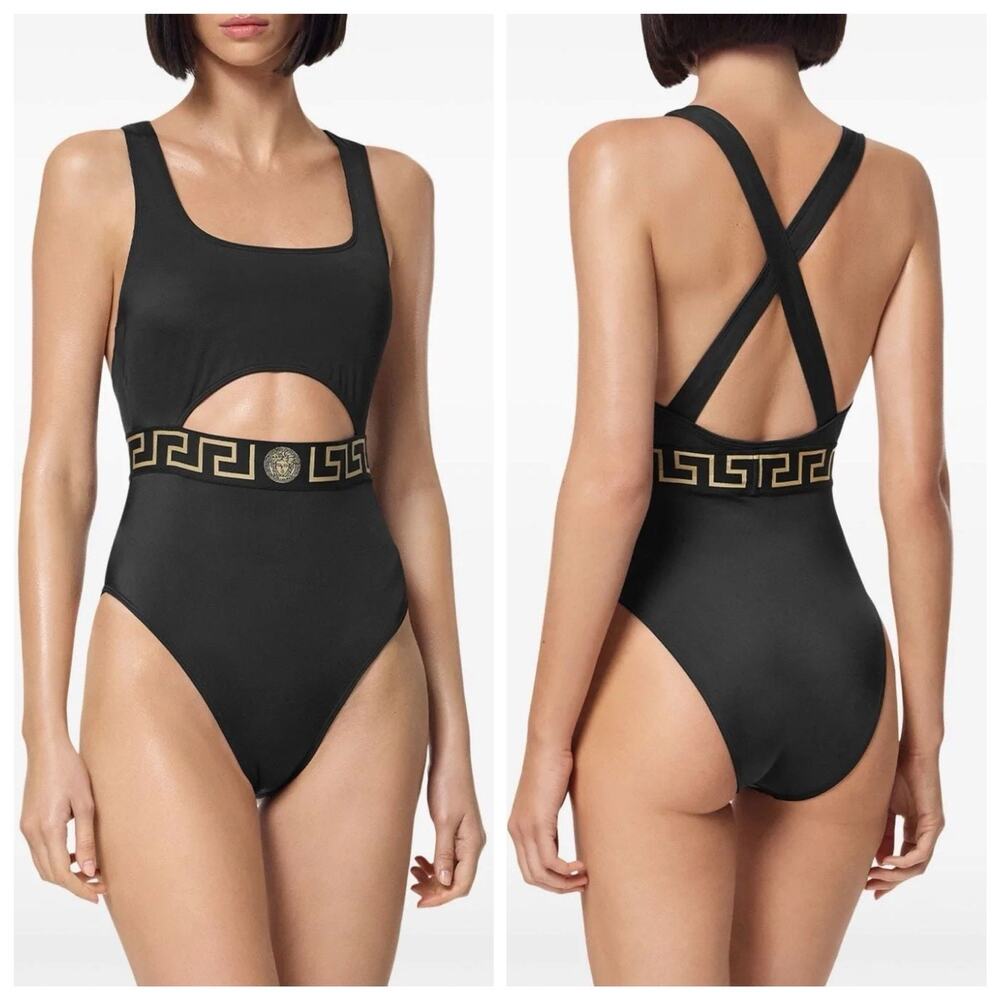 NWT Versace Swimsuit Size 2/ S Greca Belt Cut Out One Piece Black Gold